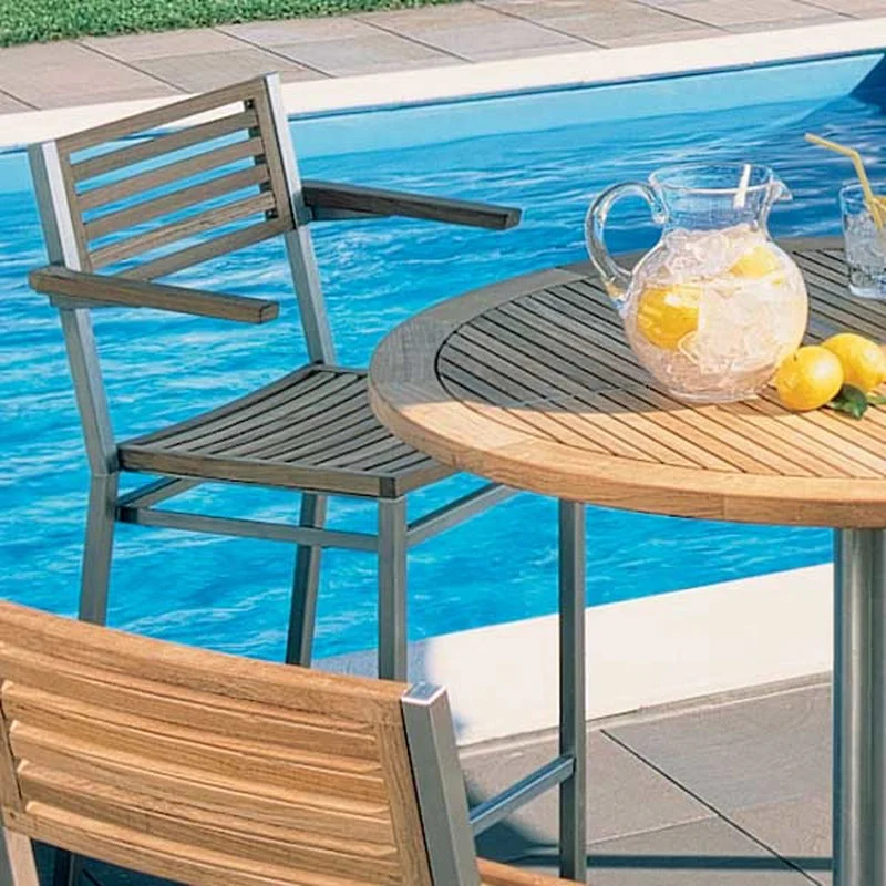 Equinox Circular Pedestal High Outdoor Dining Table - Teak Top - Image 6