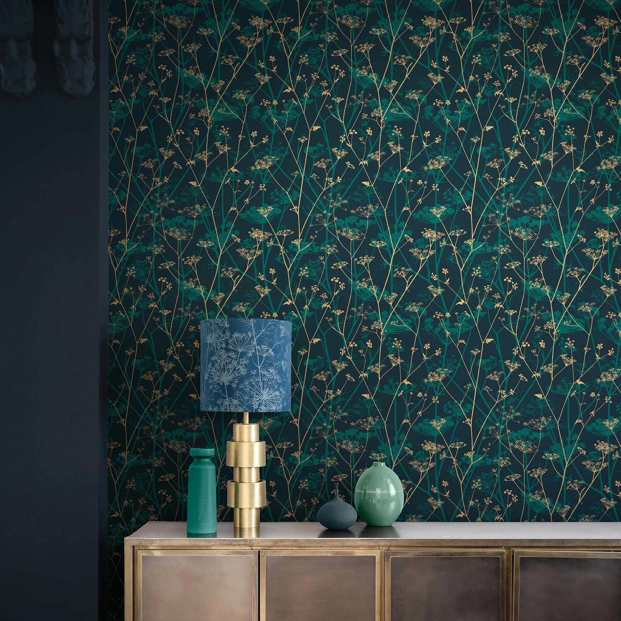 Clarissa Hulse Wild Chervil Kingfisher and Gold Wallpaper - Image 7
